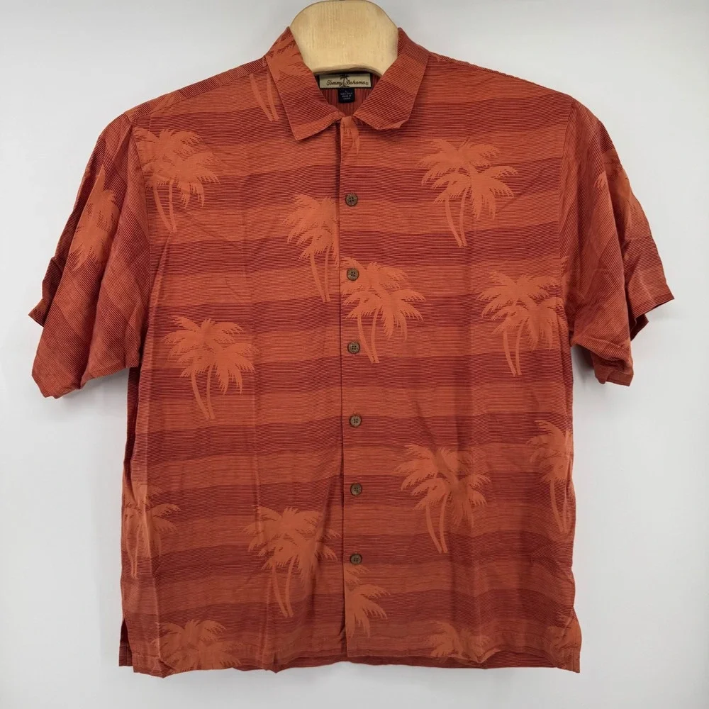 Tommy Bahama Mens Large Silk Palm Tree Jacquard Camp Shirt Burnt Orange S/S
